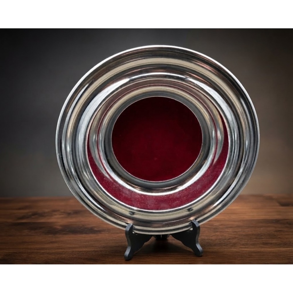 Vintage Artistic Churchware RW 212 Silver Tone Offering Plate Red Velvet 12"